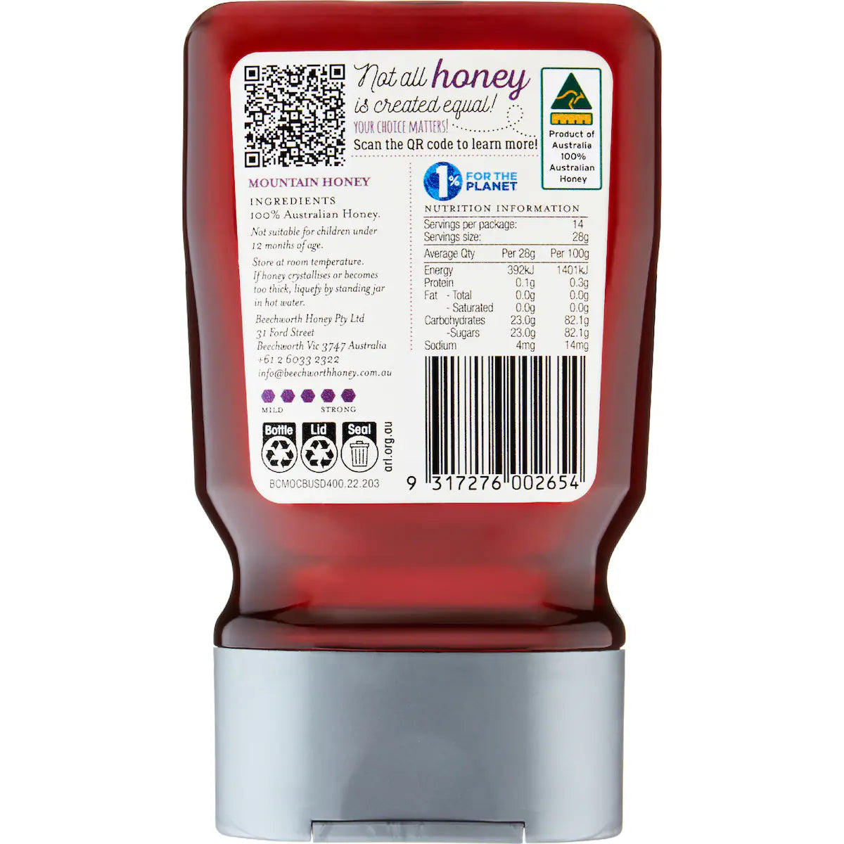 Beechworth 100% Australian Bee Cause Mountain Honey Squeeze 400g